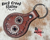 Steampunk, Gear Drive, Leather Key Ring Fob with Gear Bezeled Black Crystals, Handmade