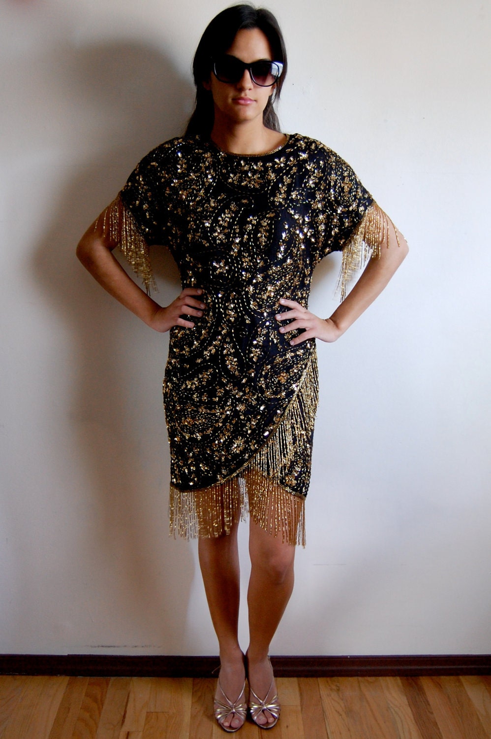 BLACK FRIDAY SALE - Vintage Silk Dress - Black and Gold Starry Night - Paisley Pattern Beaded Cocktail Dress - Size Small/Medium