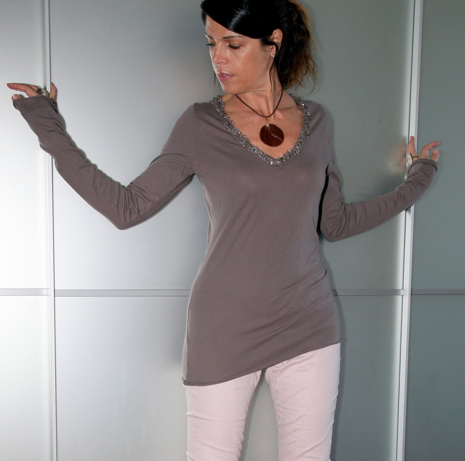 Cappuccino Brown Womens Cotton V Neck Sweater Embroidery Collar Size XS S M