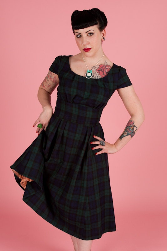 Vintage Inspired Blackwatch tartan full skirted dress, handmade, made to measure, any size