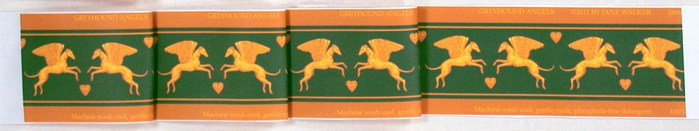 Winged Greyhound Fabric, Angel Dog Material, green and gold