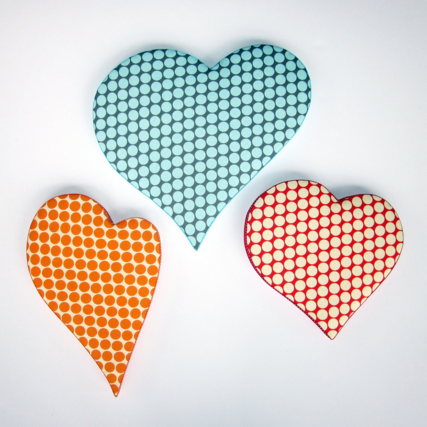 Hearts, CHILDREN'S WALL DECOR, Polka Dots, set of three, turquoise, blue, orange, red, girl, boy, fabric, room decor, nursery, baby