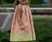 Pillowcase Dress In Amy Butler Pink Lotus Pond and Lime Full Moon Polka Dot Size 6 Mo. to Size 8