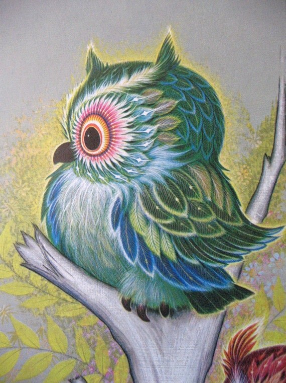 Vintage K Chin Owl Lithograph