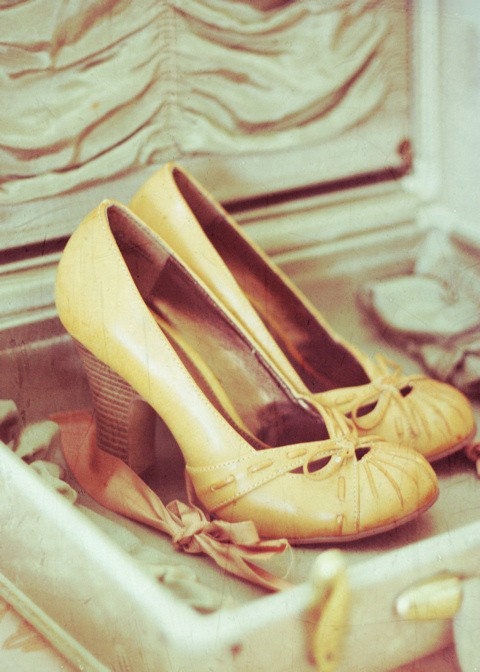 feminine pin up pumps 5x7 shoe photograph. traveling light. high heels. girly girl fashion. mustard yellow.