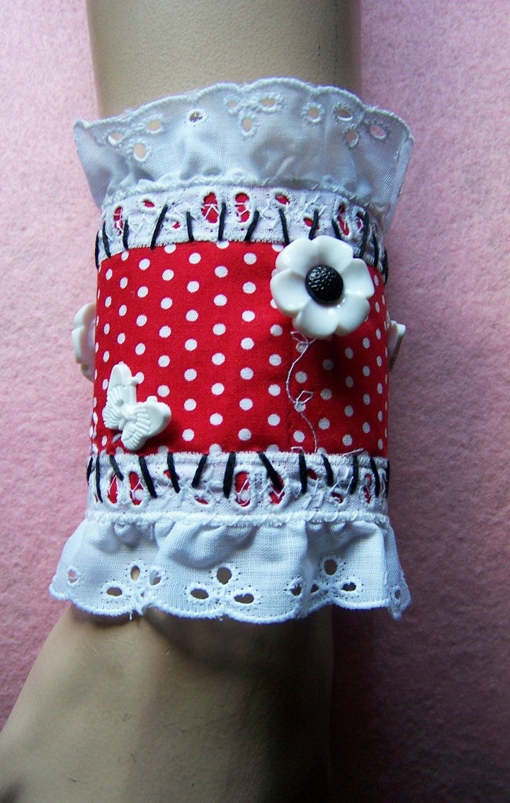 Butterflies, flowers and red n' white polka dot Wrist Cuff