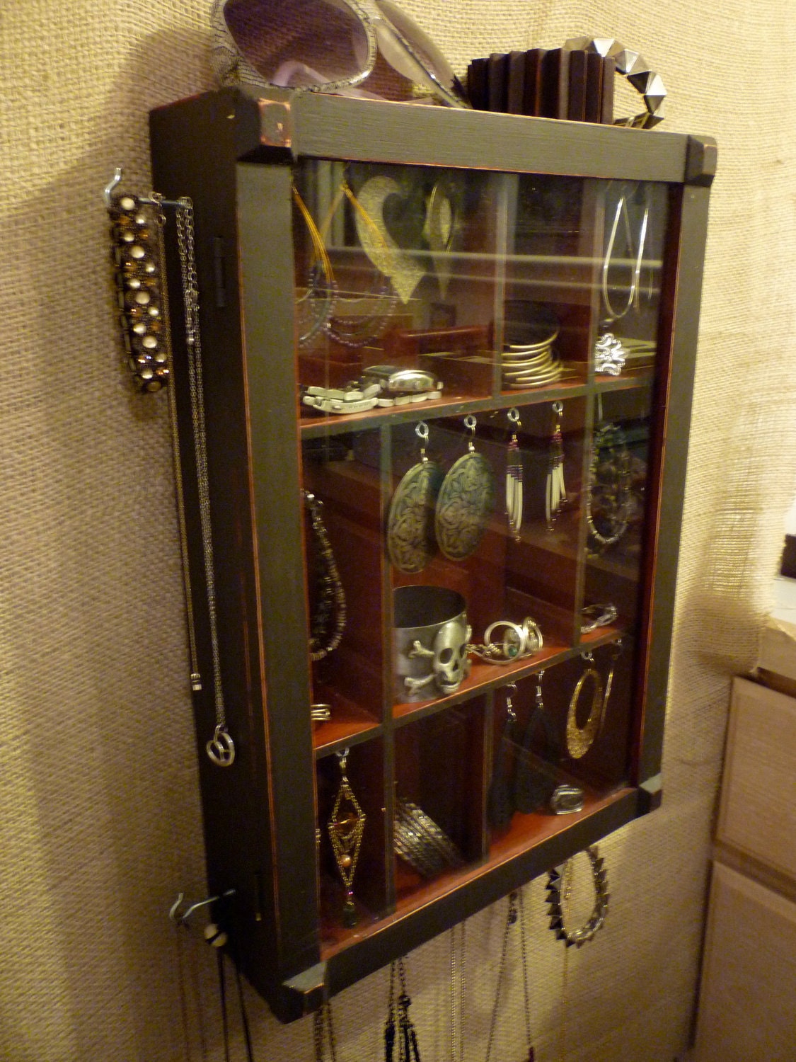 Upcycled Jewelry Organizing Display (Charcoal Grey and Red Cabinet)