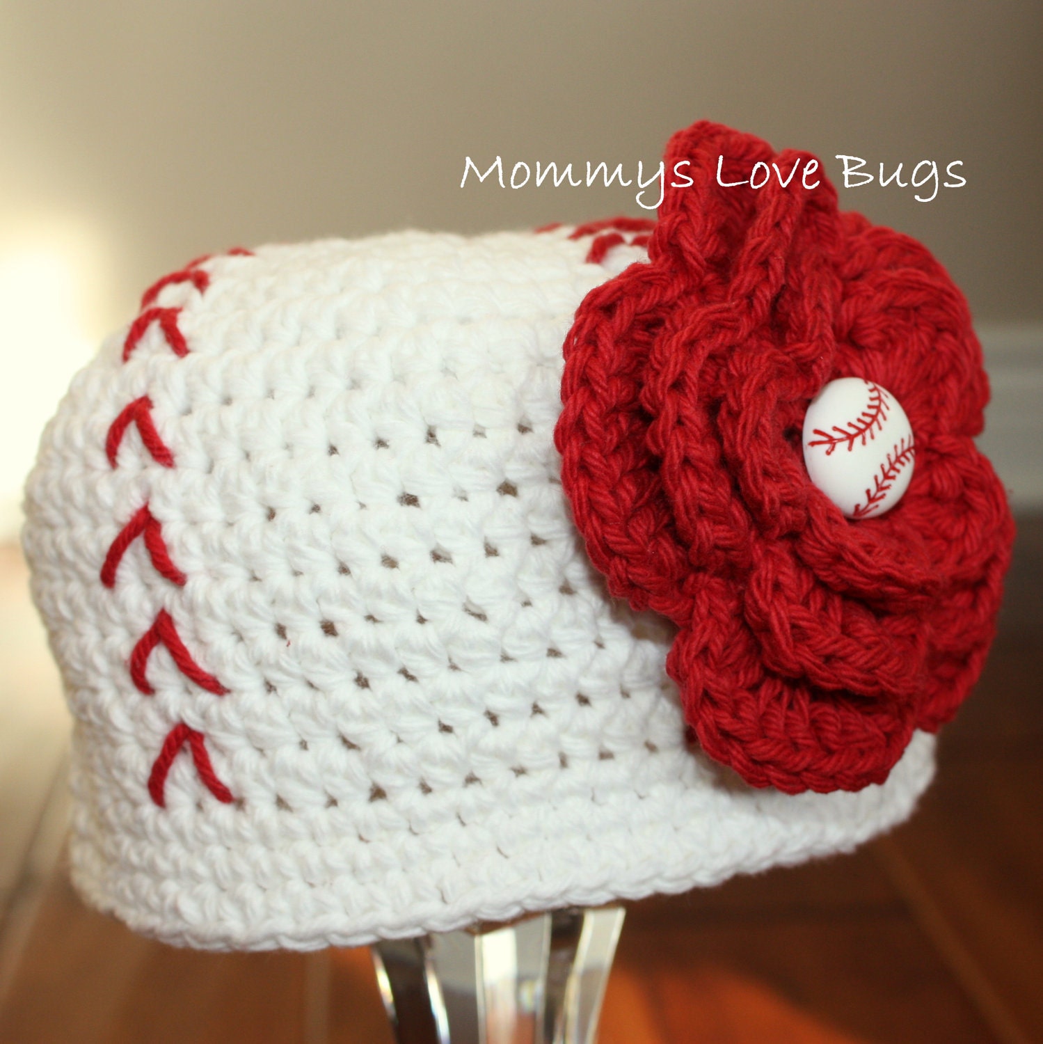 Play Ball Crochet Baseball Beanie with removable Baseball Flower Hair Clip - 5 Year to Preteen Sizes