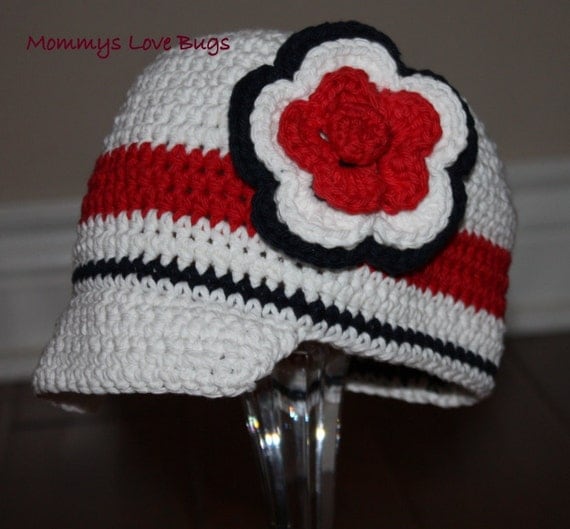 Red White and Blue Crochet Brim Hat with Removable Flower Hair Clip - Newborn through 4T Sizes Avail