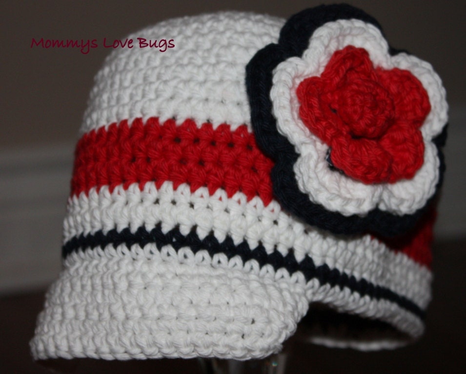 Red White and Blue Crochet Brim Hat with Removable Flower Hair Clip - Newborn through 4T Sizes Avail