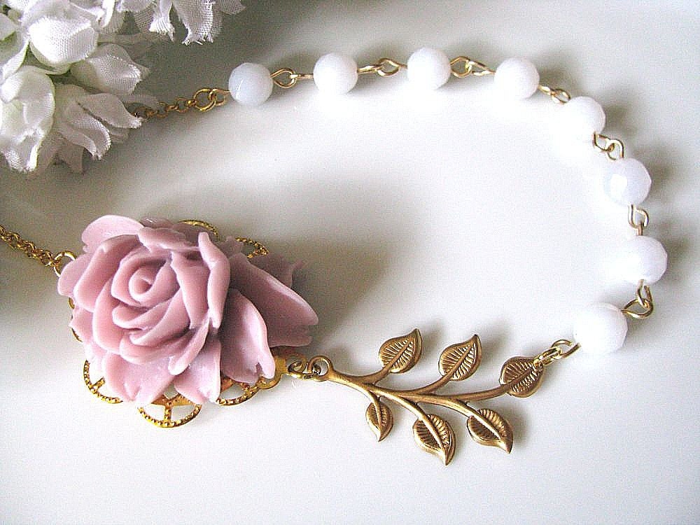 Lilac Rose With Faceted Blue Chalcedony Round Beads and Raw Brass Leafy Branch Necklace, Bridesmaid Necklace