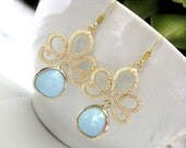 Matte Gold Tiara With Sky Blue Framed Glass Briolettes Earrings - Bridal Jewelry, Bridesmaid Earrings, Bridal Earrings, Gift For Her