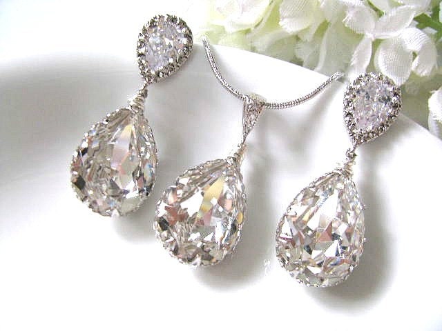 Pear Drop Swarovski Crystals In White Gold Bridal Earrings And Necklace Set - Bridal Jewelry Set, Bridesmaid Jewelry Set, Wedding Set