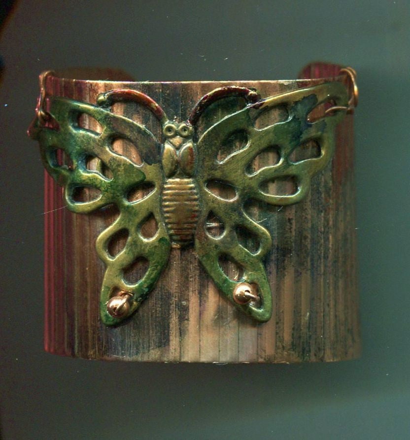 PATINA PSYCHEDELIC MOTHRA CUFFf....Ridged Copper with wired and embelished moth.. free shipping to usa