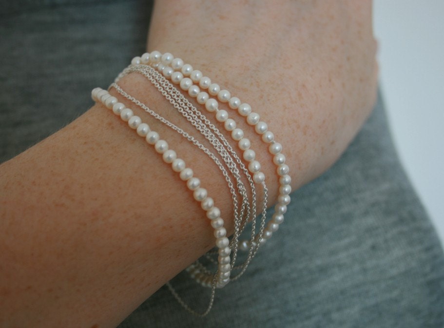 extra long, very delicate sterling silver and freshwater pearls necklace