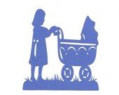 Little girl pushing a baby carriage  silhouette in blue