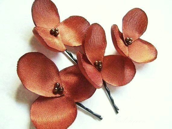Burnt Orange Spicy Orange  Hair Flowers Fabric Flower Bobby Pins for Wedding Updo Wedding Hair Accessories - Set of 4