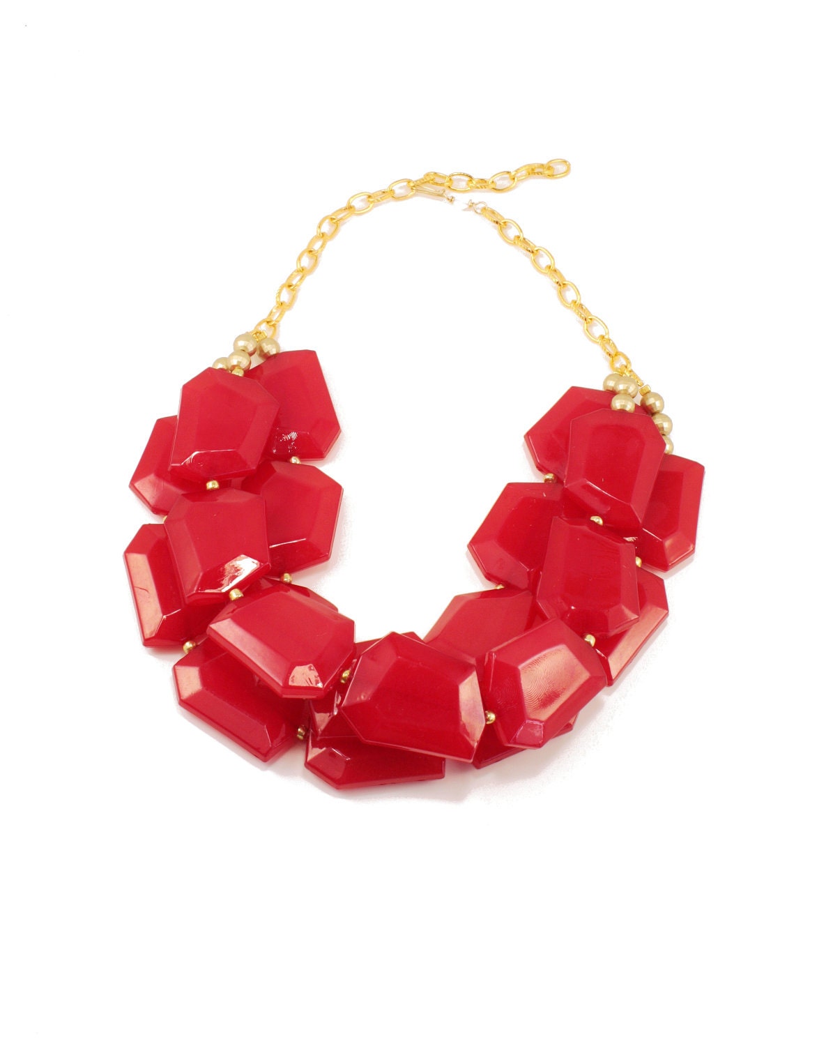 Bright Red Chunky Beaded Bib Statement Necklace, Candy Apple