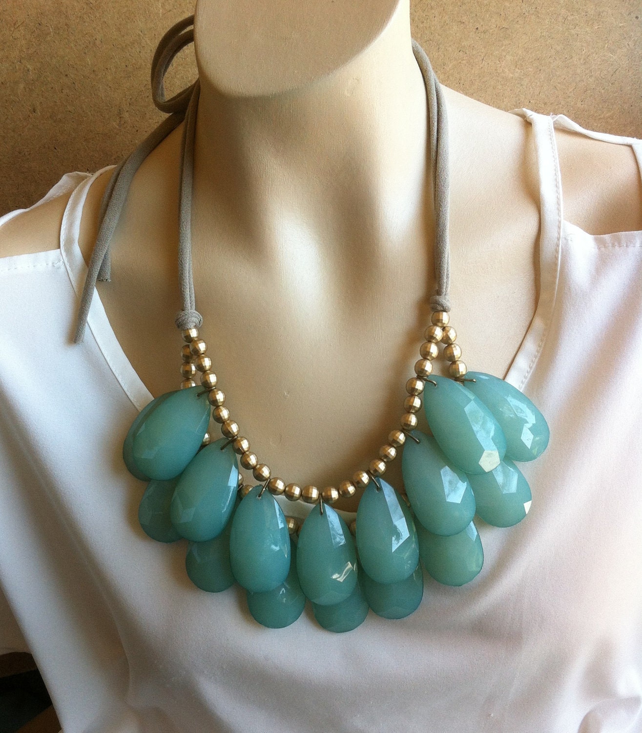 HUGE Double Strand Briolette Bib Statement Necklace Marine Sea foam Teal, Anthropologie Stormy Seas Summer Infatuation