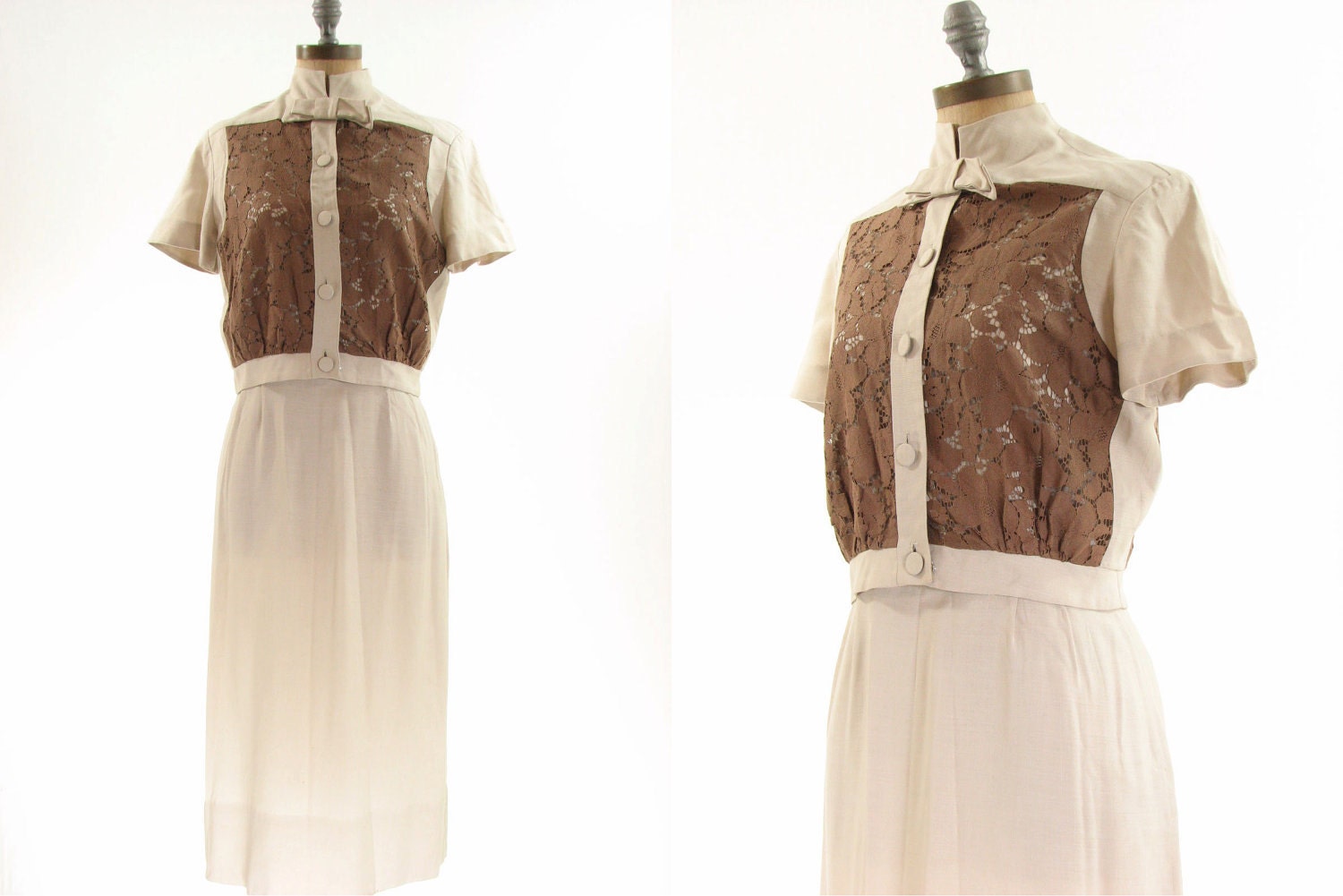 50s White Dress and Lace Brown Bolero / Wiggle Rockabilly / Small