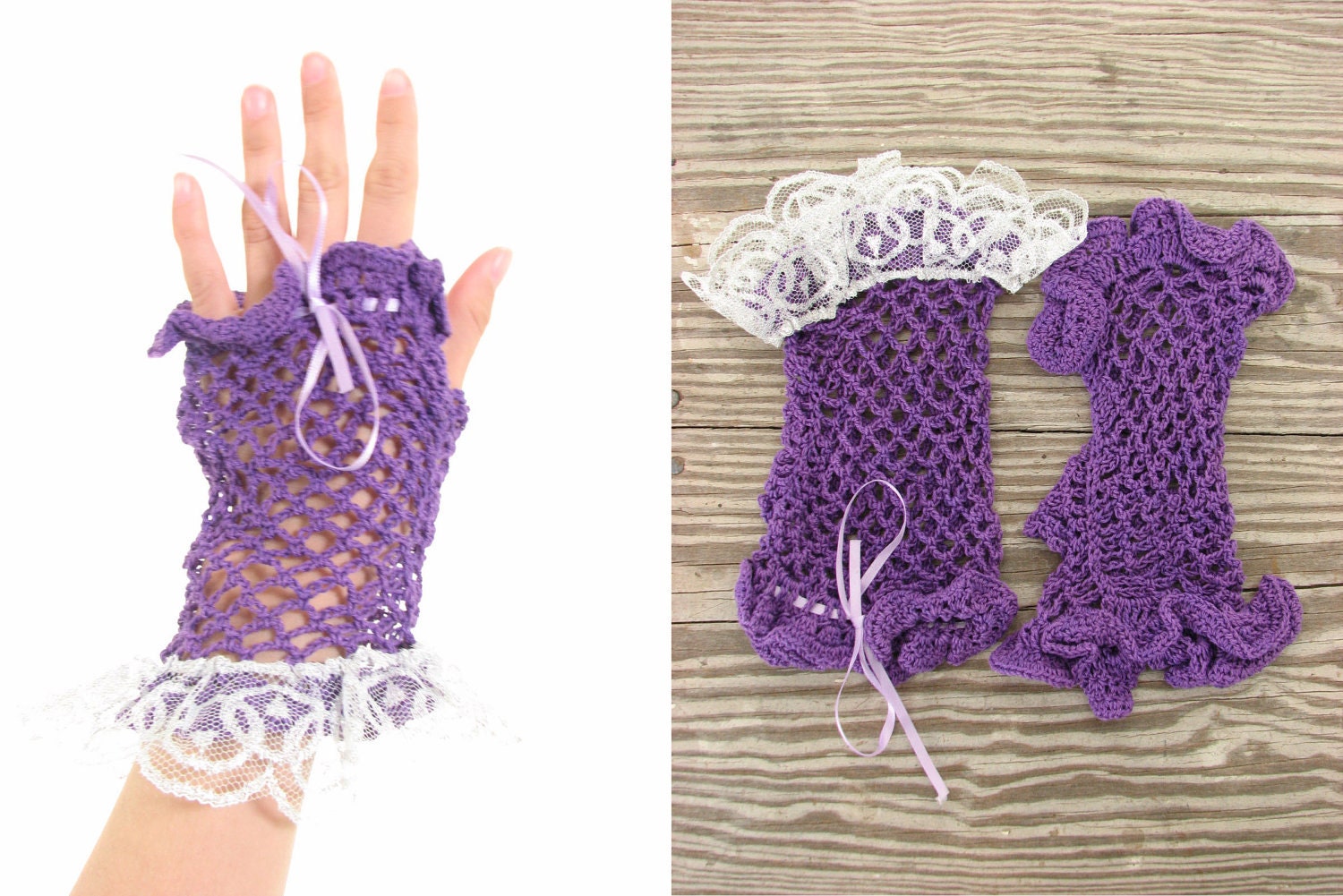 80s Purple Fingerless Knit Lace Fairy Ruffle Gloves