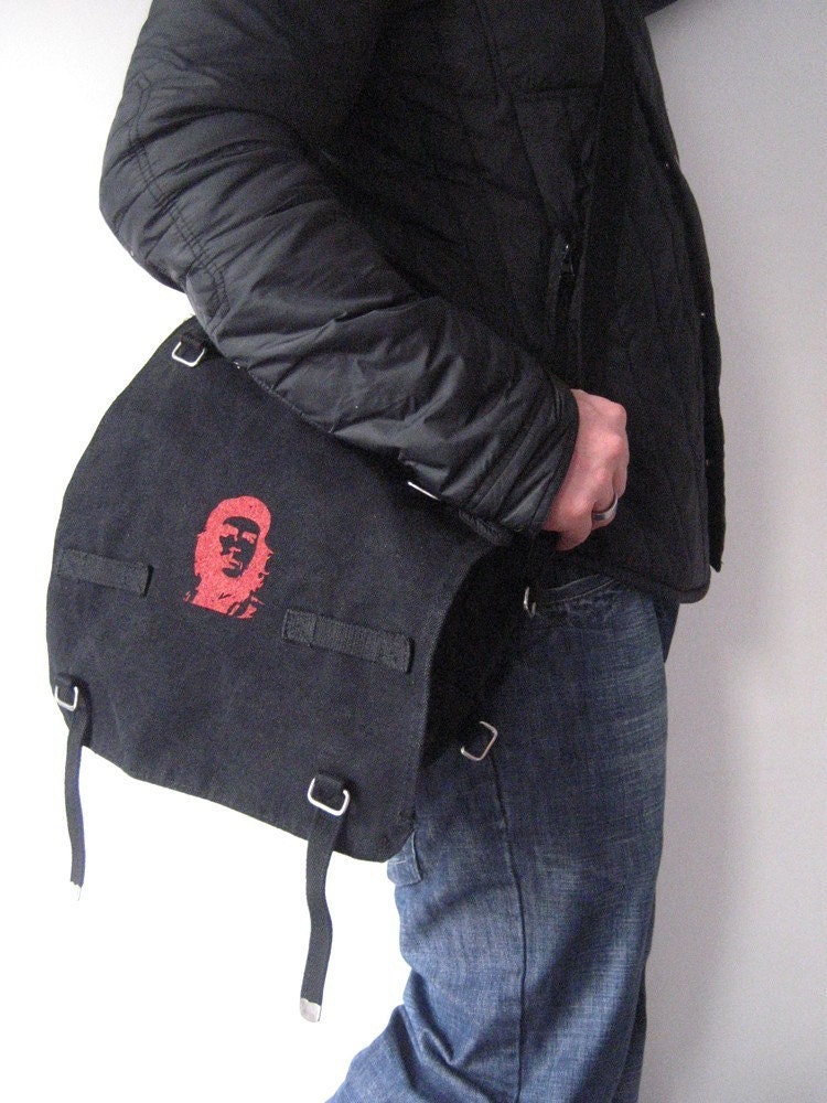 Black Vintage Army Bag with Che Print - Can be used as LAPTOP carrier
