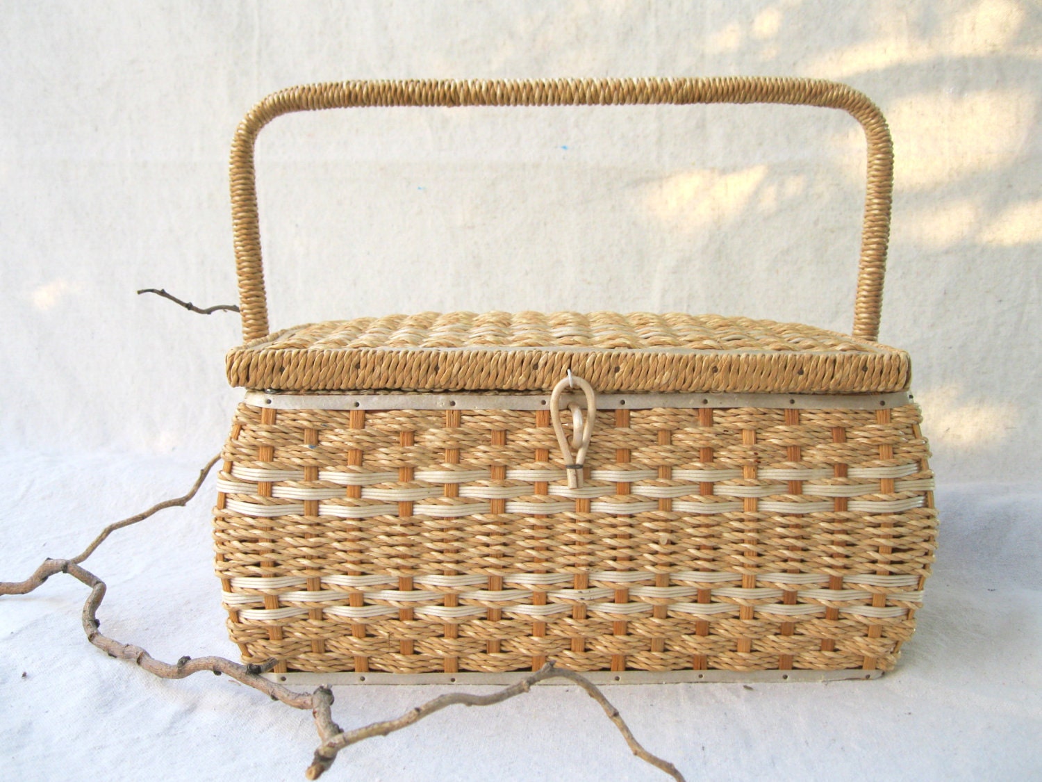 Vintage Sewing Basket //Cream// Tan// Large// Japanese Made// Midcentury //Woven //Wicker from Tessiemay