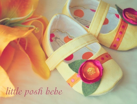 Toddler Shoes Lelani Pastel Yellow Mary Janes with Hot Pink Orange Poppy Flower (Size 5-13)