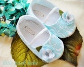 Baby Shoes Rayne Shade of Tiffany Blue Damask Print Designer Fabric with a sheen of Glitter (Size 1-4)