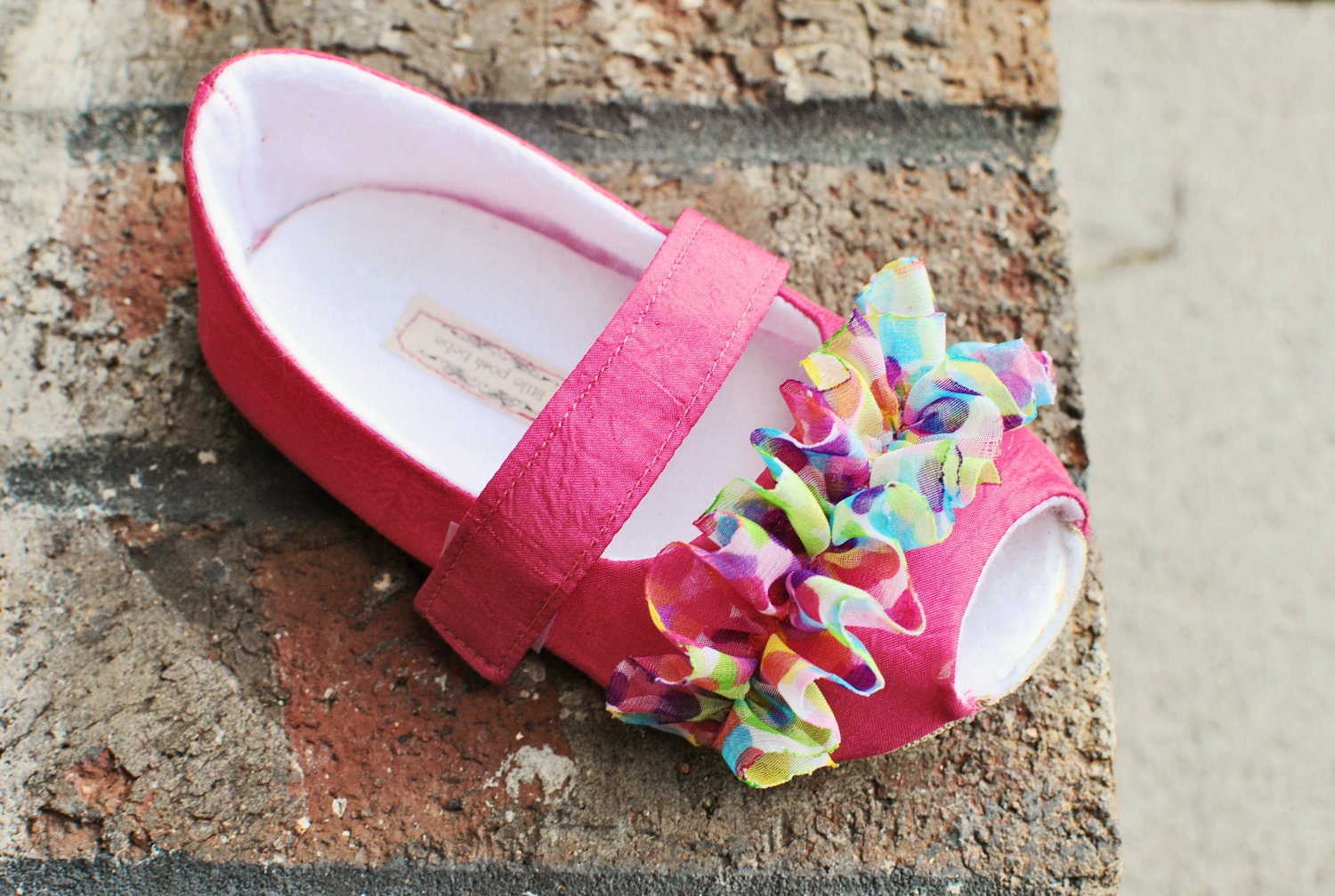 Handmade Toddler Shoes..Kaia Hot Pink with Festive Ruffles Peep-toe Mary Janes