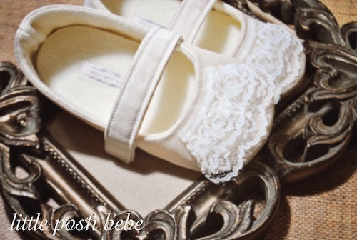 Baby Shoes Mira Champagne Mary Janes with Ivory lace ruffle toe (Size 1-4)