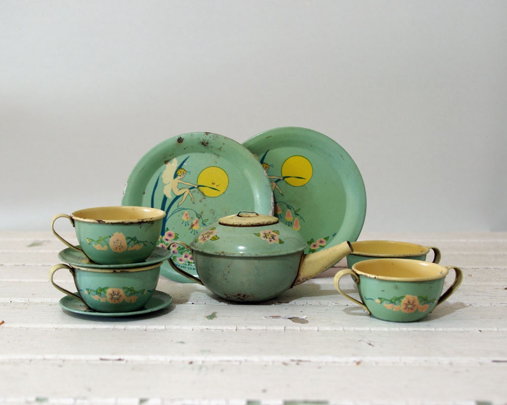 Ohio Art Fairies Tea Set, 1930s Tin Toy Lithograph