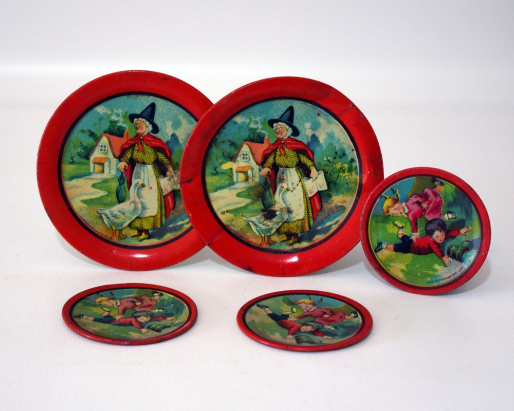 Mother Goose Tin Tea Set,Ohio Art 1930s