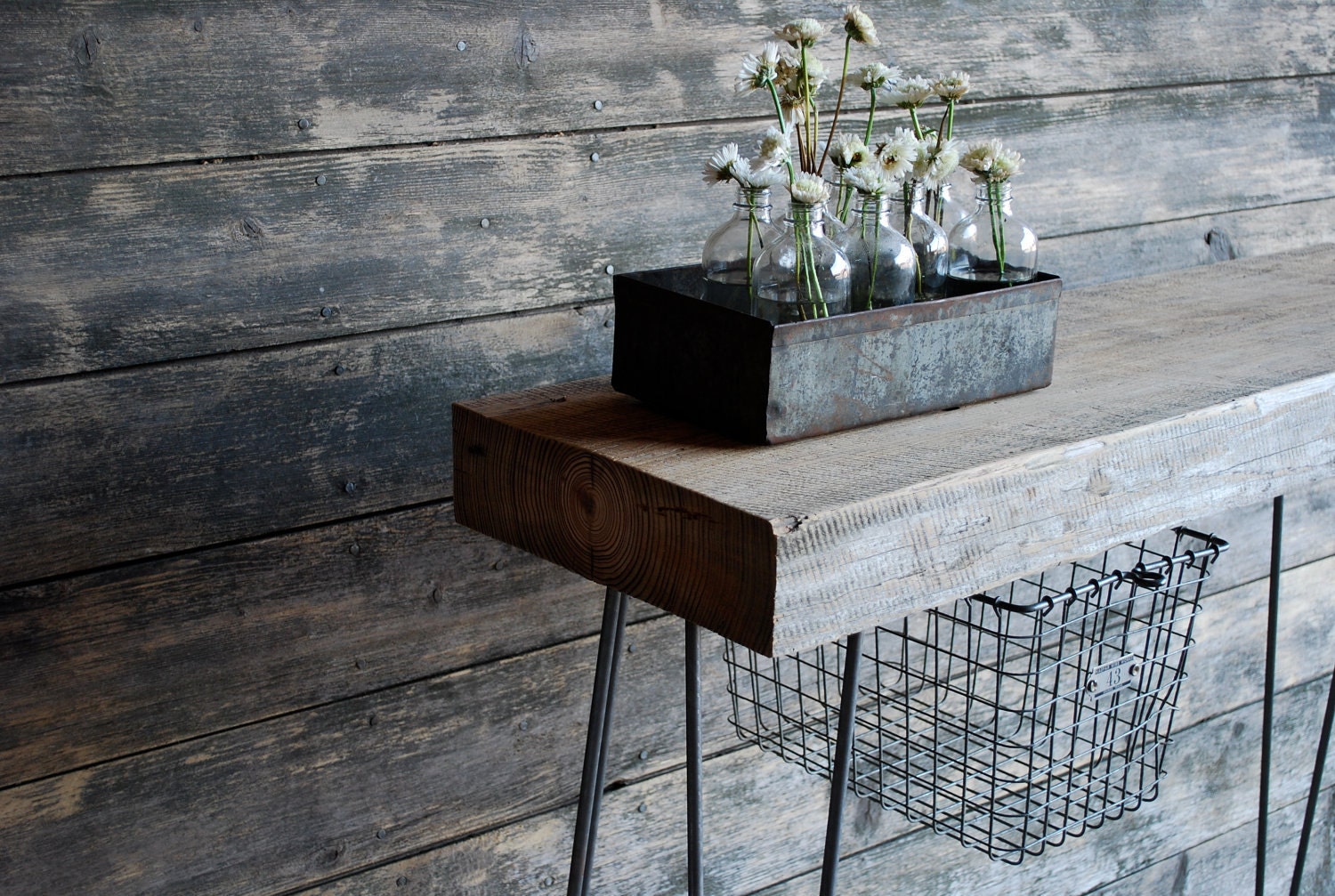3 ft .Industrial Console table with 2.5" thick reclaimed wood top, hairpin legs, locker basket.(free shipping)
