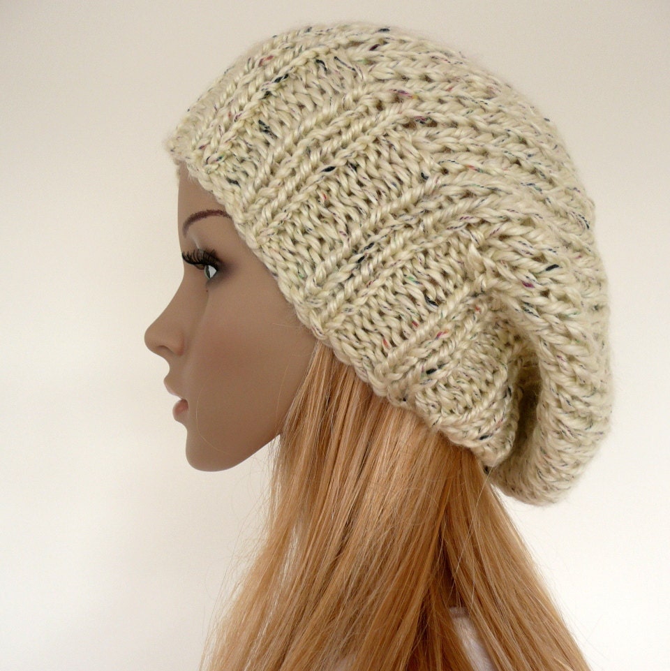 Hand Knit Hat  Slouch beanie  in cream slouchy hat Womens hat