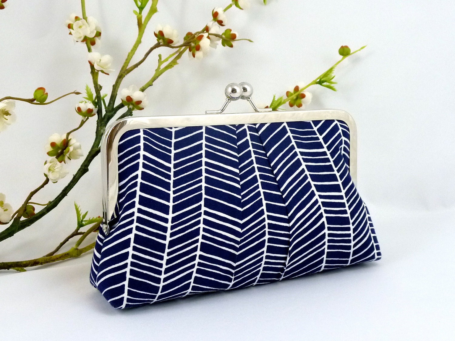Navy Herringbone KissLock Clutch