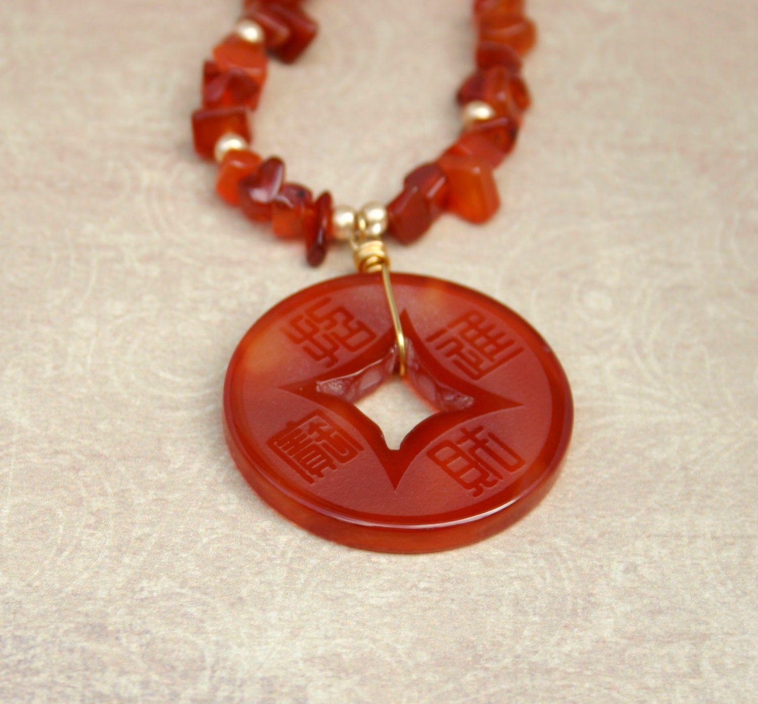 Carnelian necklace with Asian style carnelian coin pendant - Drakestail