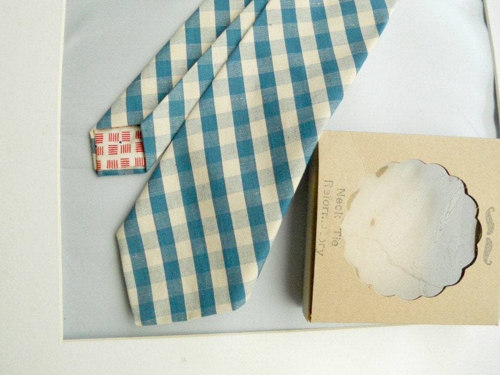 Cream and Teal Gingham Linen Necktie-Handmade by The Neck Tie Reformatory-Medium width