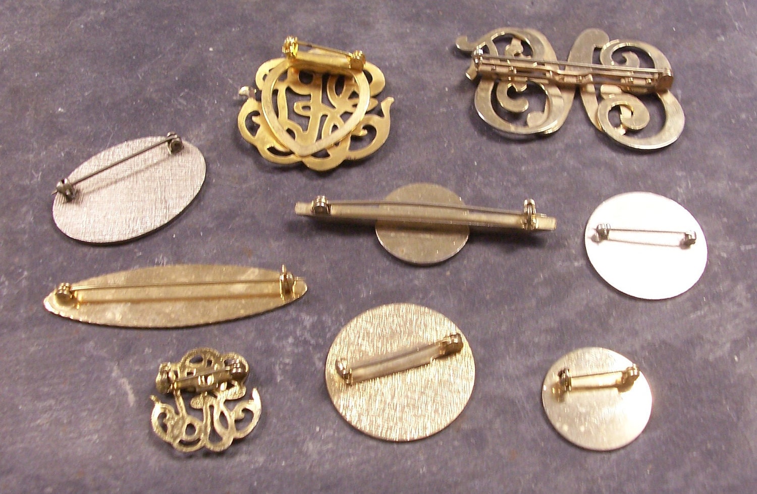 VINTAGE Monogram PINS Brooches Monogram Initials Silver and Gold Enamel Nine (9) Ready to Wear Vintage Jewelry Destash (J173)