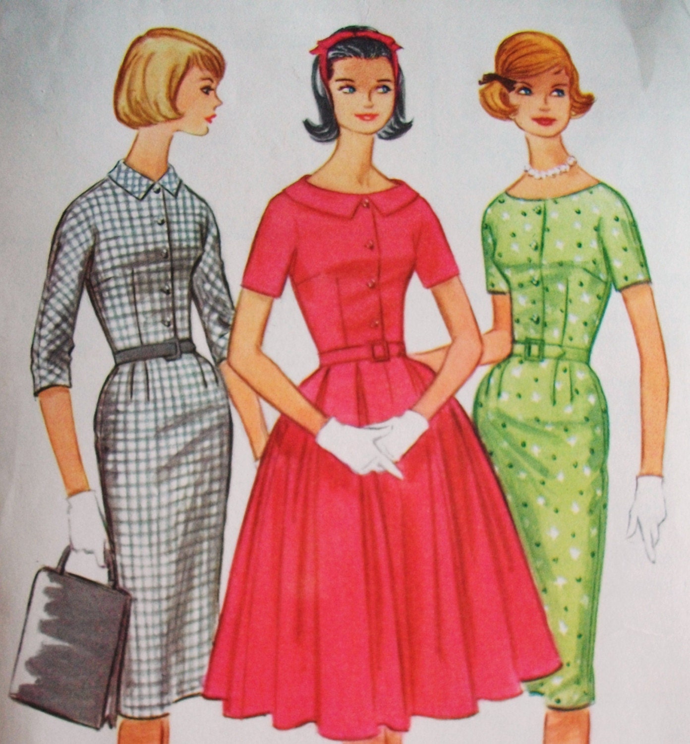 60s McCalls Dress 5597 Bust 33 Size 13 Shirtwaist Scoop Neck Collar Slim or Flared Pleated Skirt Wiggle Rockabilly UNCUT