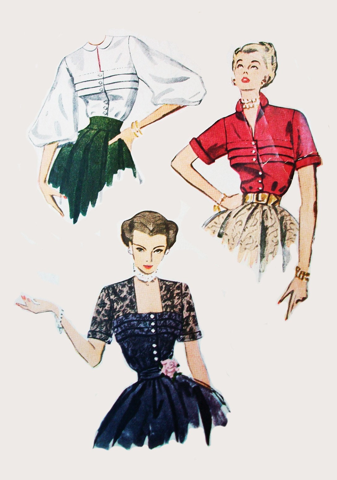 1950s Simplicity 3742 Bust 34 Size 16 Beautiful Tailored Blouse, Back Darts and Horizontal Tuck Details, Optional Peter Pan Collar