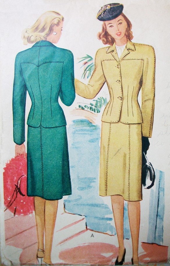 1940s McCall 5635 Sewing Pattern Bust 32 Size 14 Two Piece Suit Multiple Dart Fitted Jacket Shoulder Yoke A Line Skirt WWII