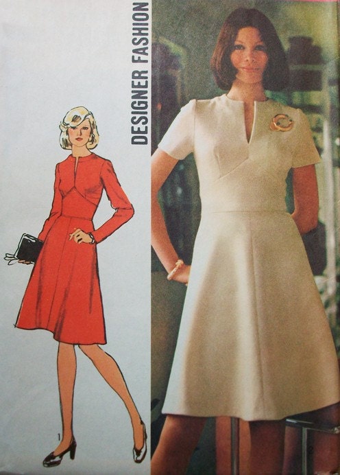70s Simplicity 5789 Designer Fashion Bust 36 Size 14 Dress Shaped Midriff A Line Skirt Round Collar Slit Short Long Sleeve