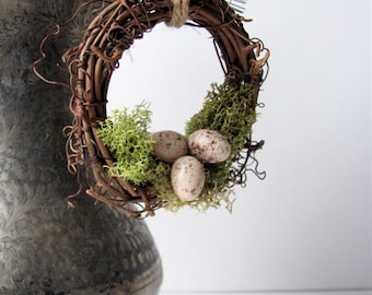 Rustic Wreath Ornament Nest with Moss and Eggs, Garden Decor