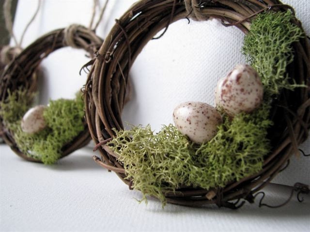 Woodland Mossy Bird Nest Wreath Ornaments, Set of 3