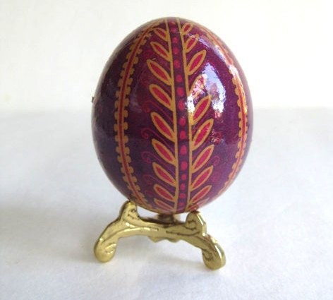 Branches on brown Chicken egg, batik painted Ukrainian Easter egg Pysanka