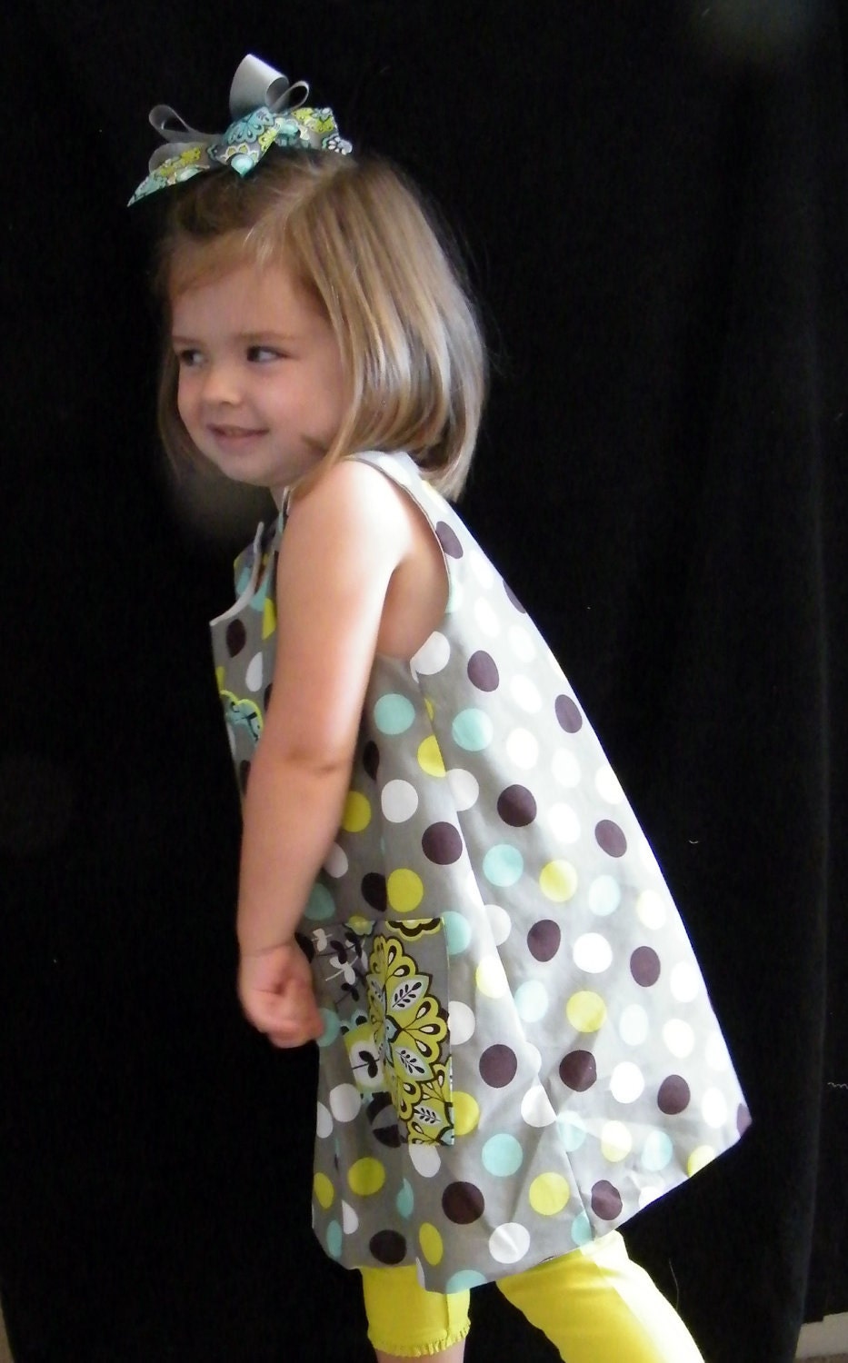 Aunt Mon Mons Custom Handmade Girls shift Style Dress Jumper Silver Gray Polka Dots size 12 months to size 6x