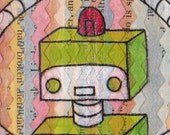 Green Happy Robot Collage Gouache Painting Original Art ACEO