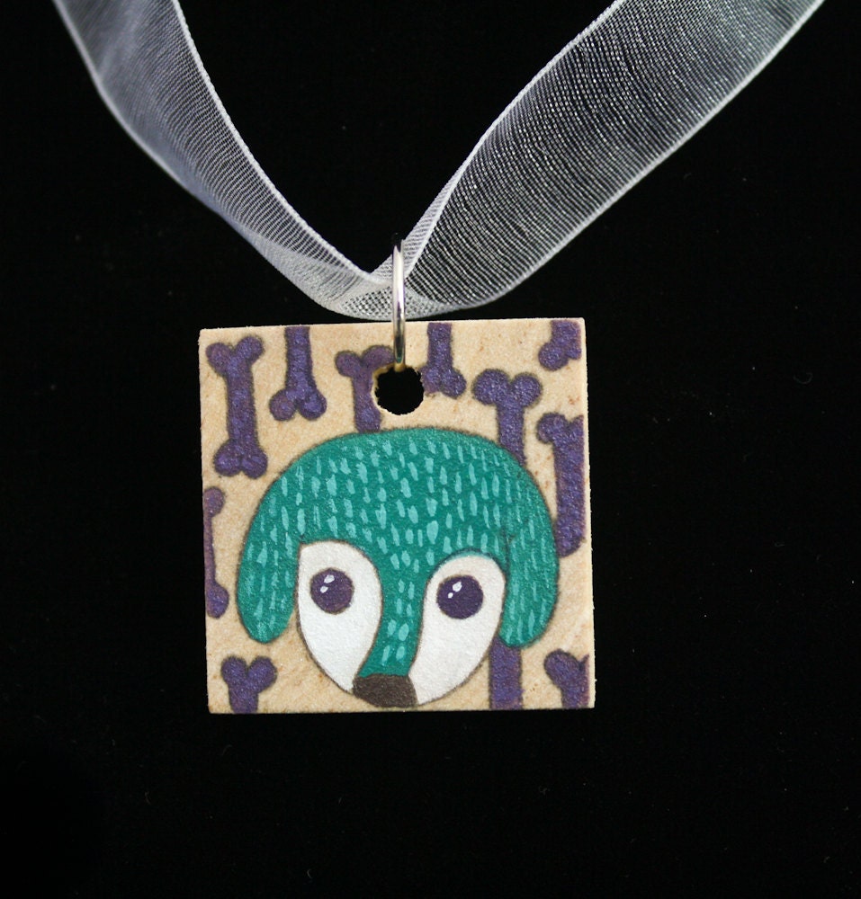 Dog and Bones Illustration Wooden Original Art Pendant