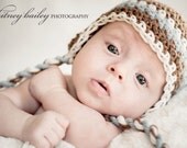 Baby Boy Hat, Newborn Boy Brown Crochet Hat in  Blue and White Earflap, Great for Photo Prop